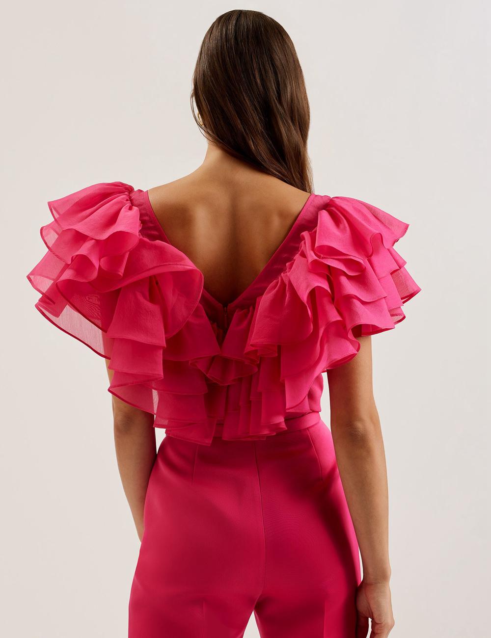 Chemisier Ted Baker CALONDA - Oversized Frill Trim V-Neck Top Femme Fushia | Paris  80697-VRNP
