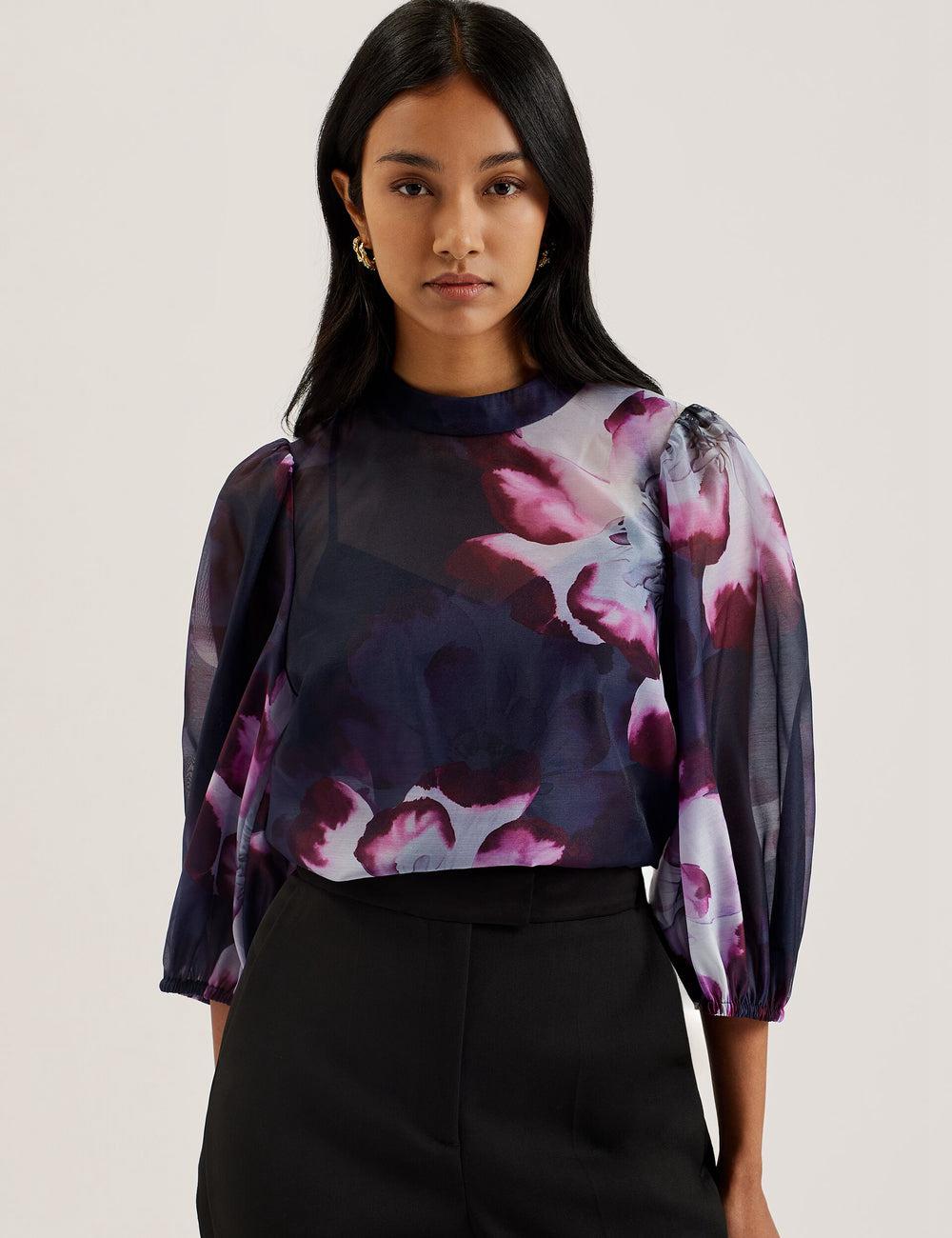 Chemisier Ted Baker CATALO - Floral Print Balloon Sleeve Organza Top Femme Bleu Marine | Paris  84031-LFUN