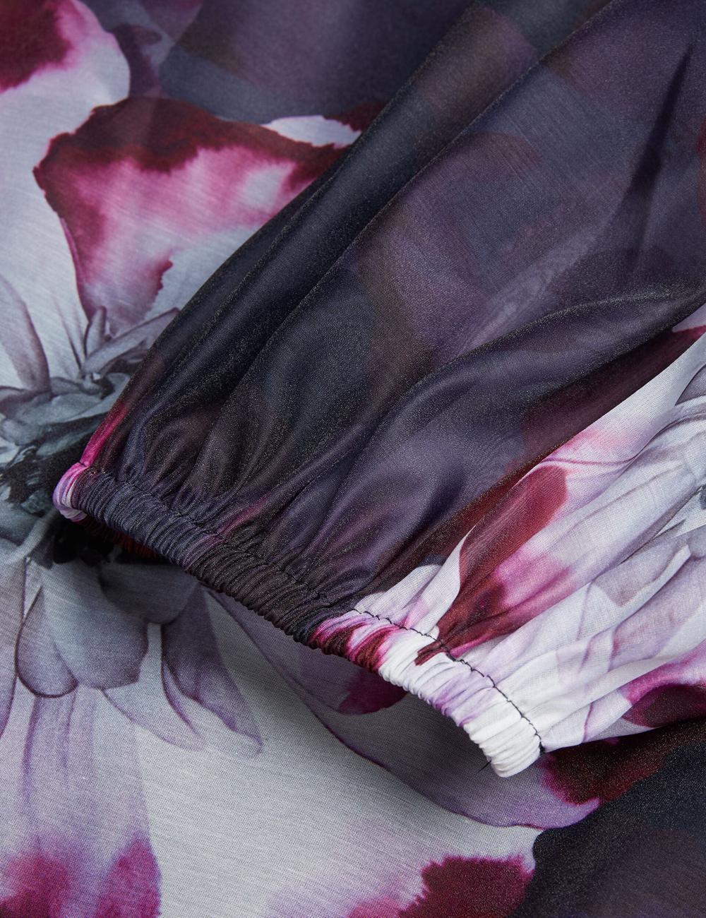 Chemisier Ted Baker CATALO - Floral Print Balloon Sleeve Organza Top Femme Bleu Marine | Paris  84031-LFUN