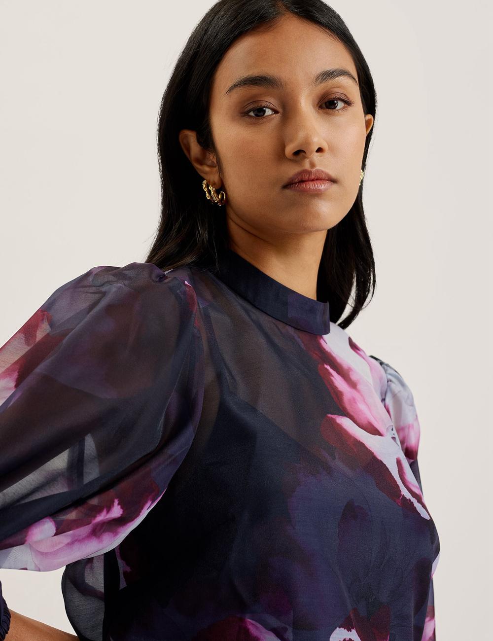 Chemisier Ted Baker CATALO - Floral Print Balloon Sleeve Organza Top Femme Bleu Marine | Paris  84031-LFUN
