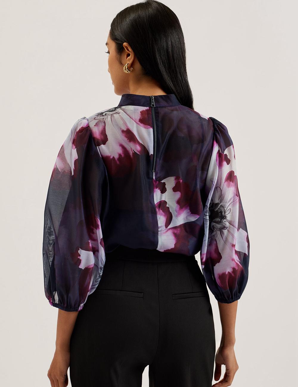 Chemisier Ted Baker CATALO - Floral Print Balloon Sleeve Organza Top Femme Bleu Marine | Paris  84031-LFUN