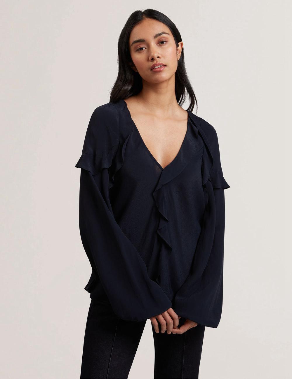 Chemisier Ted Baker KAYFA - Waterfall Ruffle Trim Long Sleeve Femme Bleu Marine | Paris  32698-RGKW