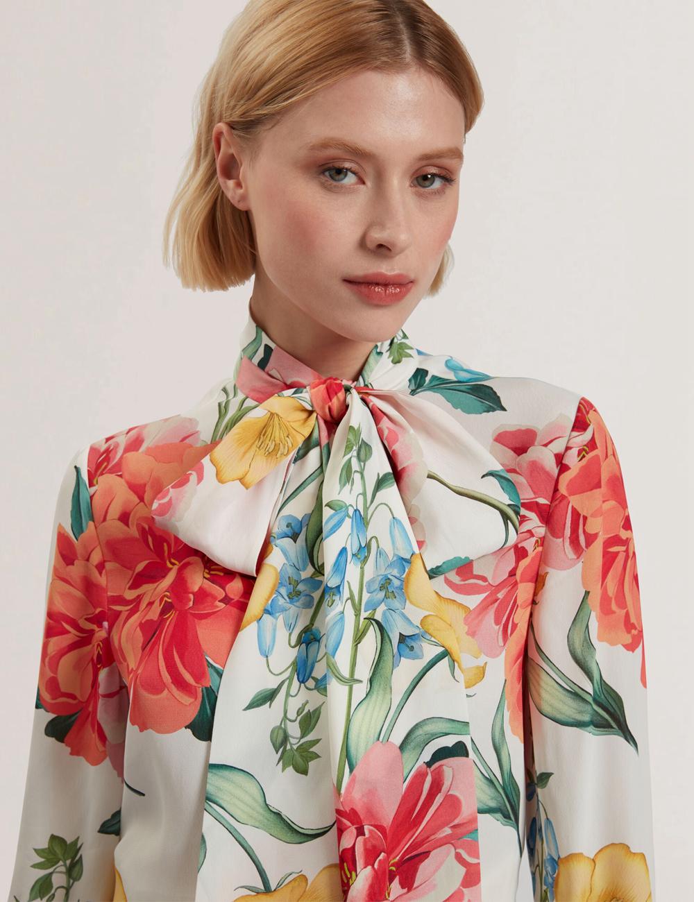Chemisier Ted Baker LUUSILE - Floral Print Neck Long Sleeve Femme Blanche | Paris  47368-ZXHQ