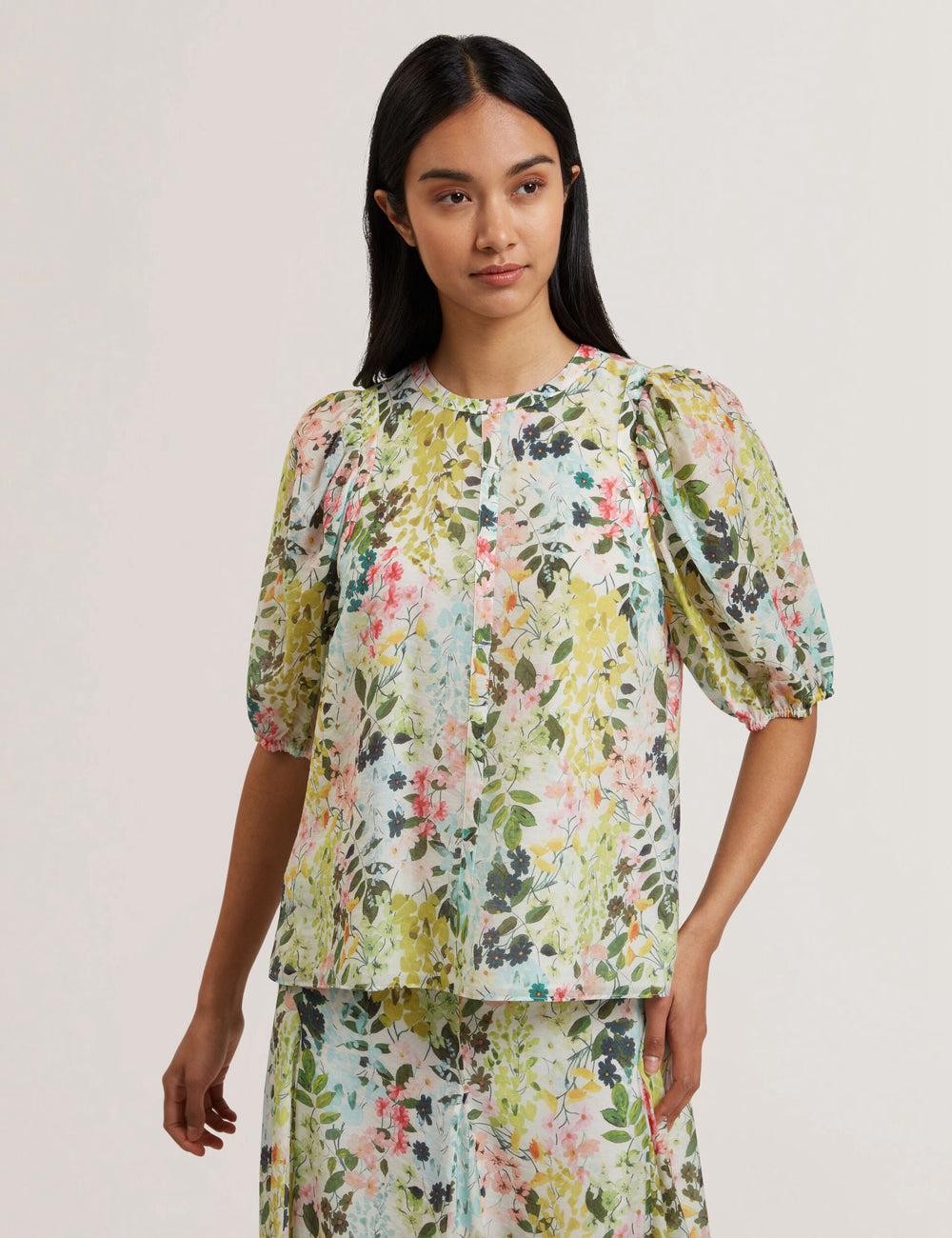 Chemisier Ted Baker MICHA - Floral Binding Detail Puffed Sleeve Femme Ivory | Paris  60825-PNWI