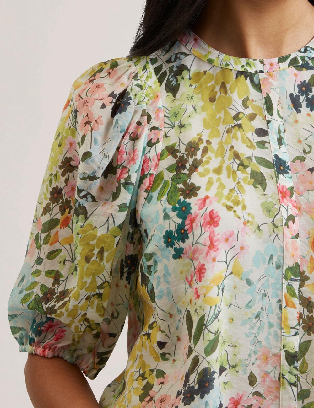 Chemisier Ted Baker MICHA - Floral Binding Detail Puffed Sleeve Femme Ivory | Paris  60825-PNWI