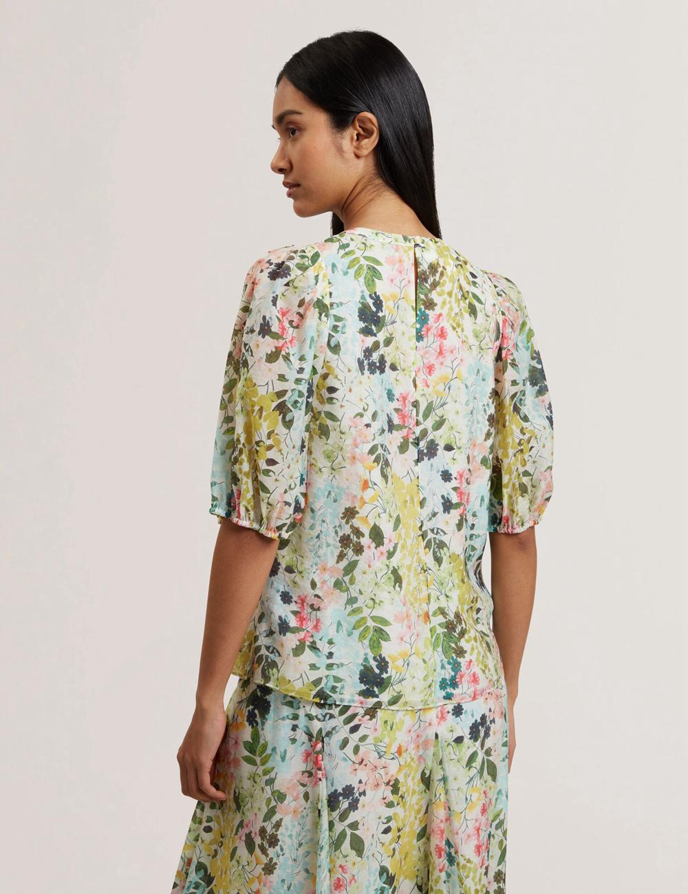 Chemisier Ted Baker MICHA - Floral Binding Detail Puffed Sleeve Femme Ivory | Paris  60825-PNWI
