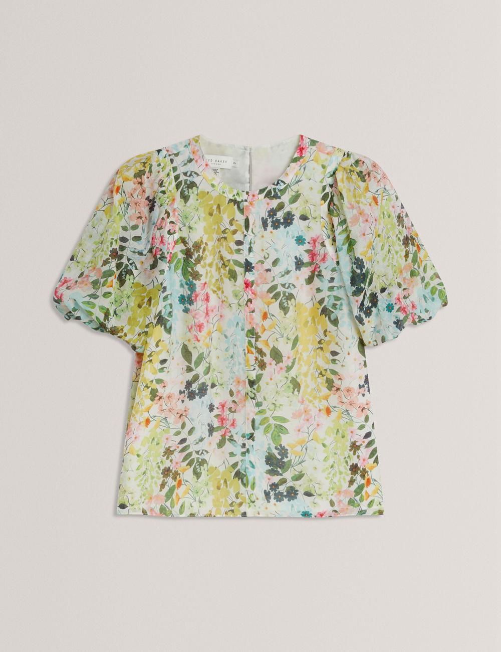 Chemisier Ted Baker MICHA - Floral Binding Detail Puffed Sleeve Femme Ivory | Paris  60825-PNWI