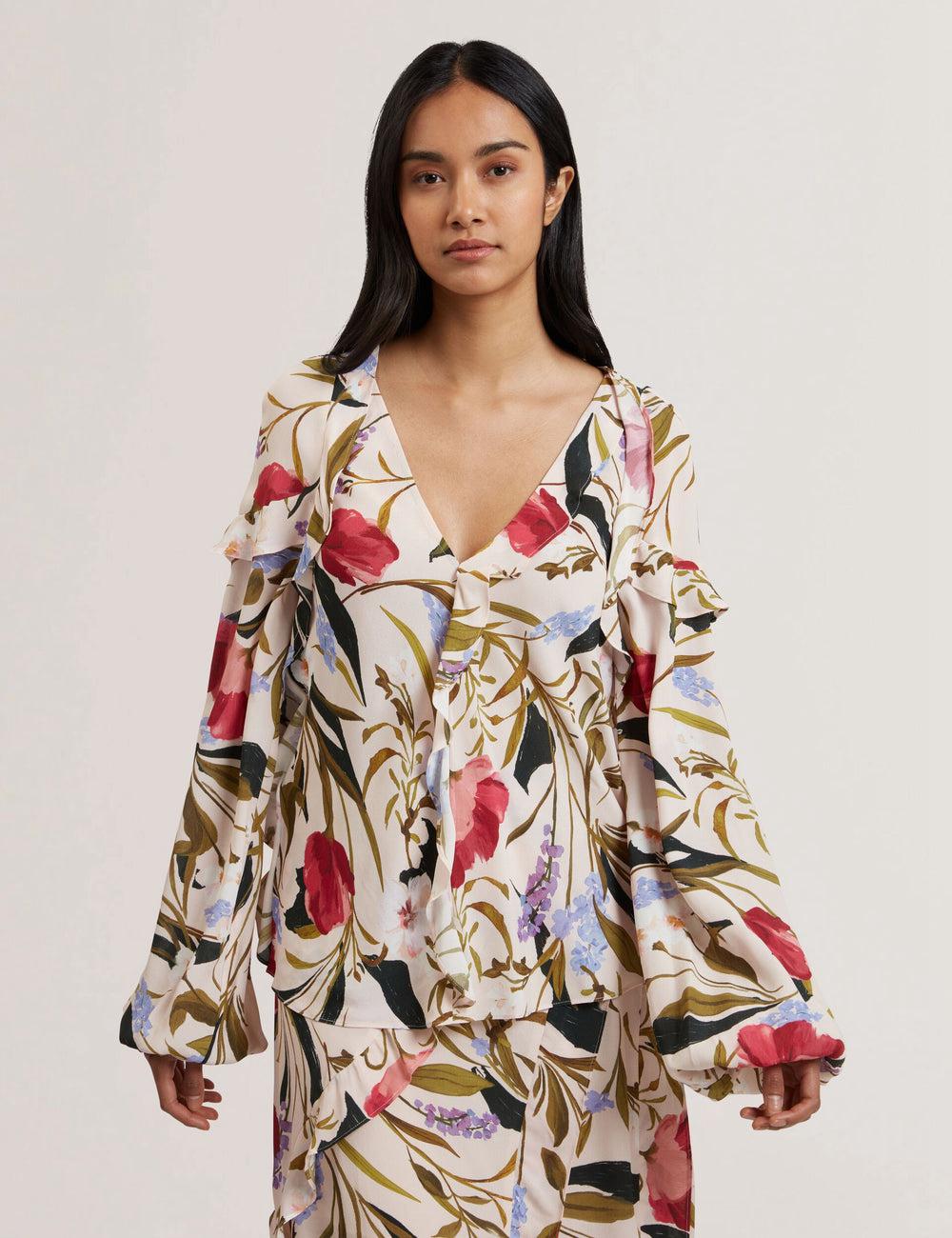 Chemisier Ted Baker MINASA - Floral Print Frill Trim Long Sleeve Femme Rose | Paris  48726-TJZM