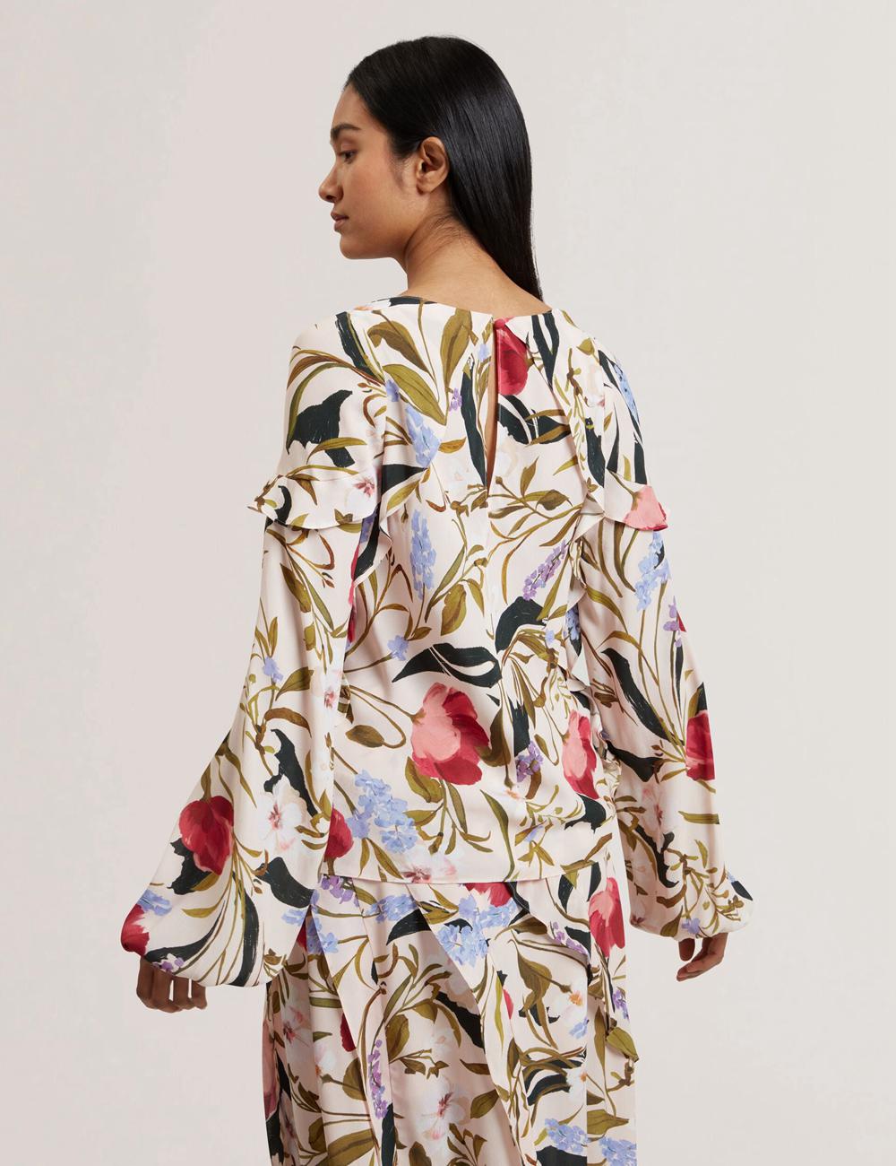 Chemisier Ted Baker MINASA - Floral Print Frill Trim Long Sleeve Femme Rose | Paris  48726-TJZM