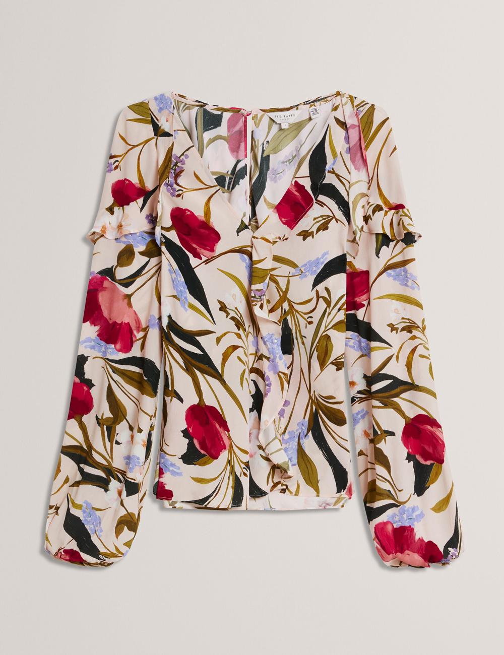Chemisier Ted Baker MINASA - Floral Print Frill Trim Long Sleeve Femme Rose | Paris  48726-TJZM
