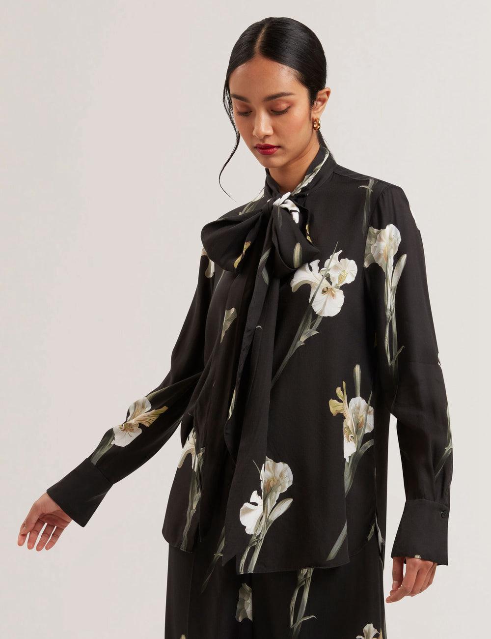Chemisier Ted Baker ZAKIIER - Neck Floral Print Long Sleeve Femme Noir | Paris  35094-GHQY