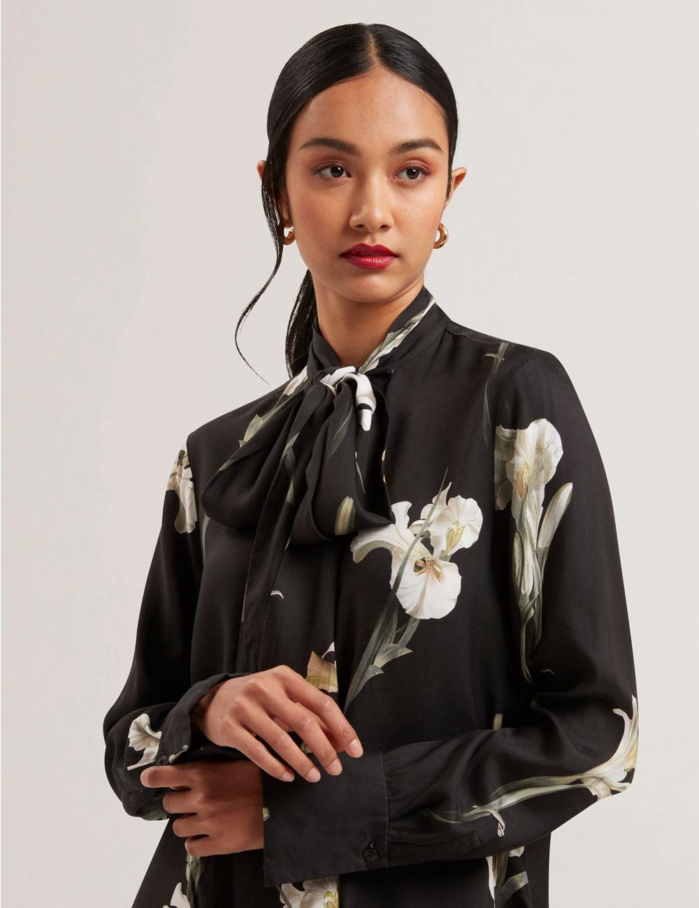 Chemisier Ted Baker ZAKIIER - Neck Floral Print Long Sleeve Femme Noir | Paris  35094-GHQY