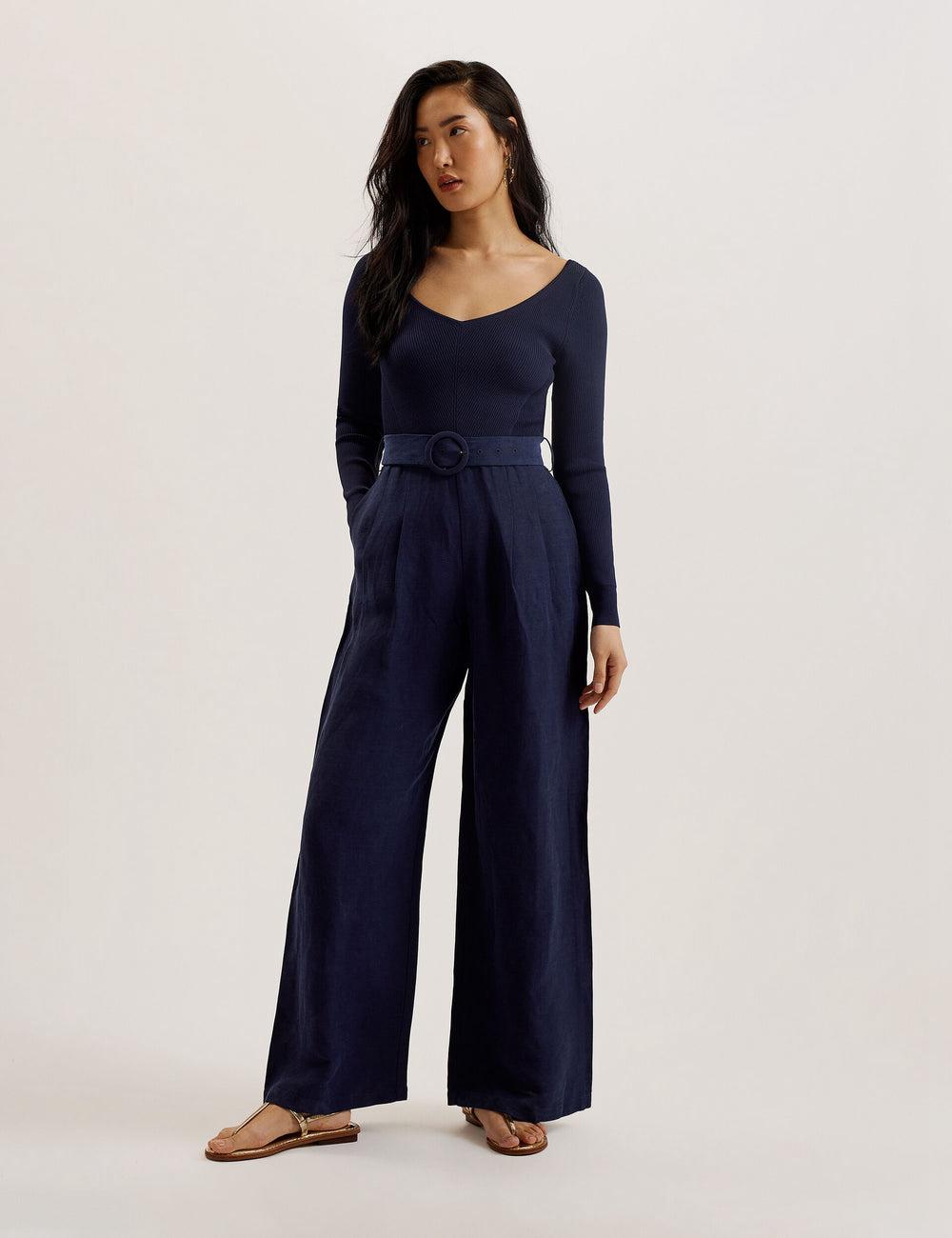 Combinaison Ted Baker AGATEA - Off Shoulder Belted Wide Leg Femme Bleu Marine | Paris  41653-OAZD