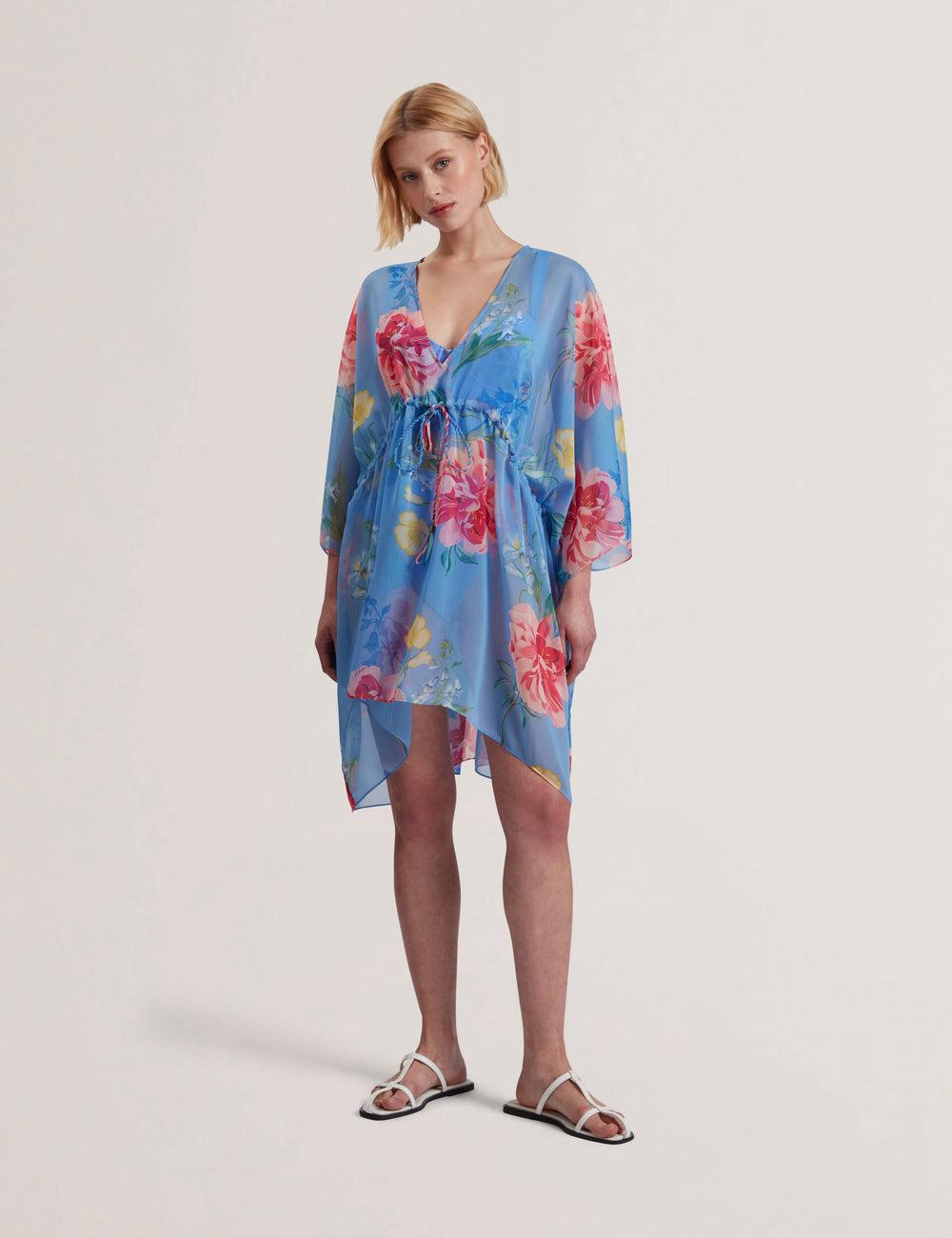 Cover Ups Ted Baker LARJA - Floral Print Chiffon Mini Beach Kaftan Femme Bleu | Paris  97163-AOBI