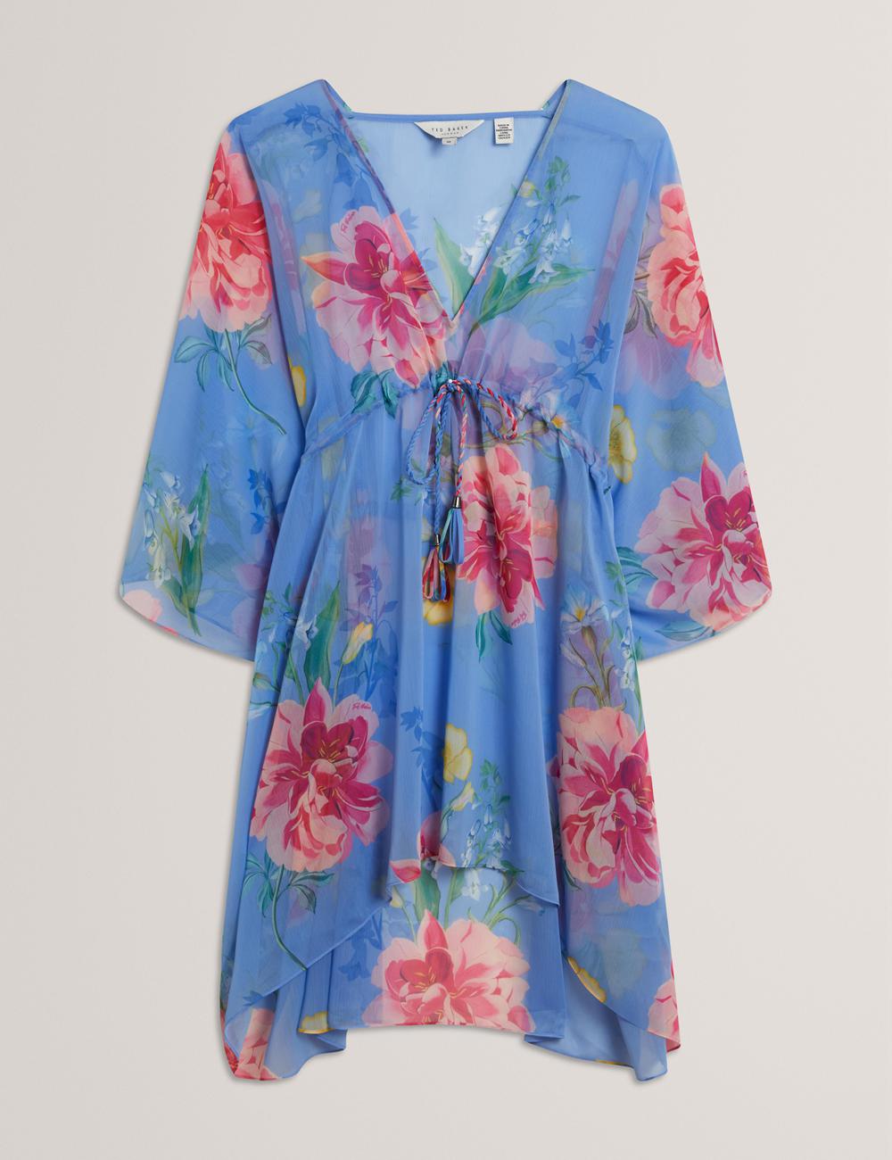 Cover Ups Ted Baker LARJA - Floral Print Chiffon Mini Beach Kaftan Femme Bleu | Paris  97163-AOBI