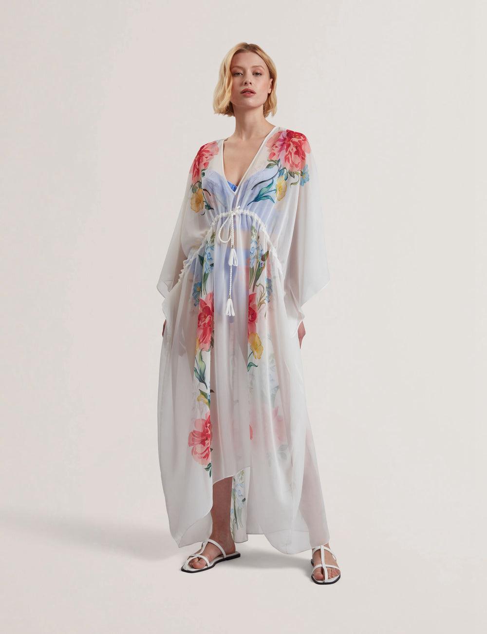 Cover Ups Ted Baker LUUSAA - Floral V-Neck Maxi Kaftan Beach Dress Femme Blanche | Paris  18032-GCQM