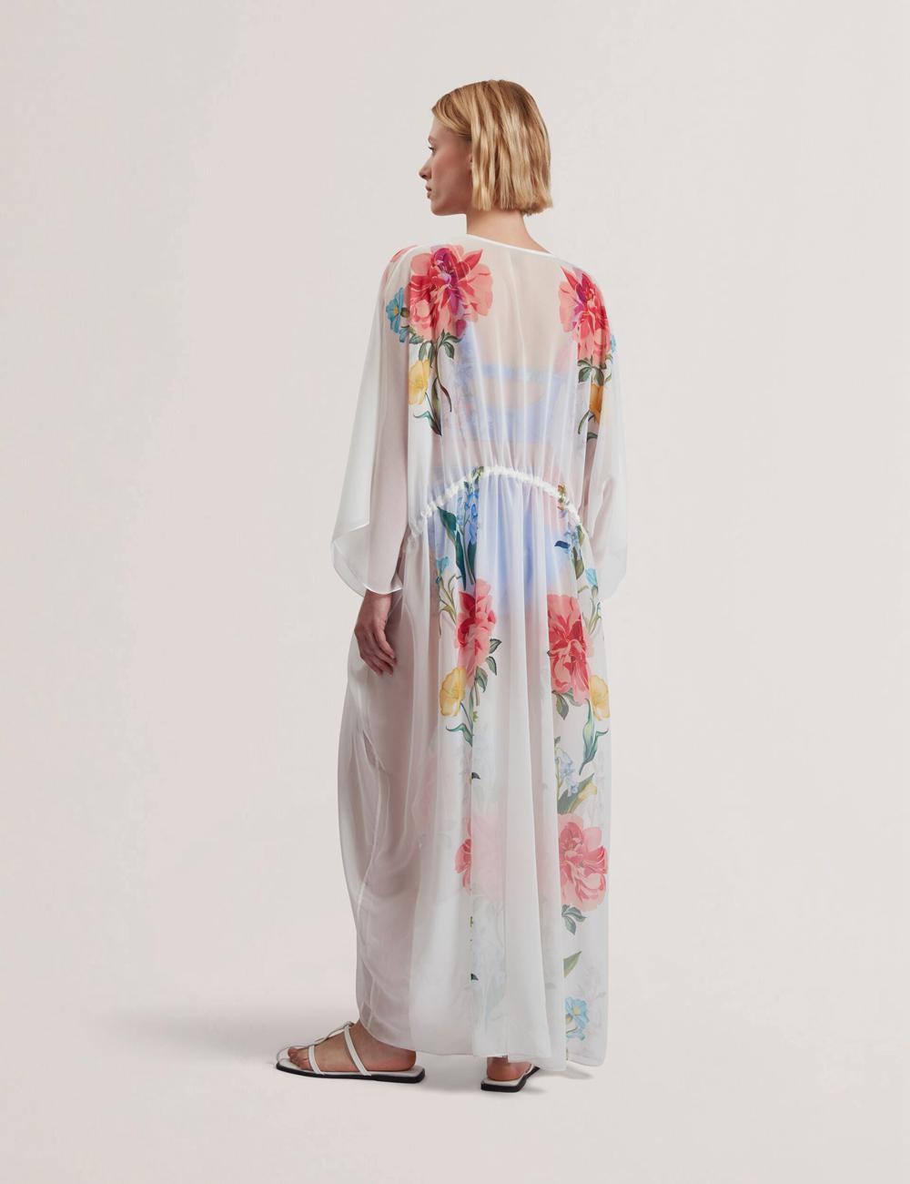 Cover Ups Ted Baker LUUSAA - Floral V-Neck Maxi Kaftan Beach Dress Femme Blanche | Paris  18032-GCQM