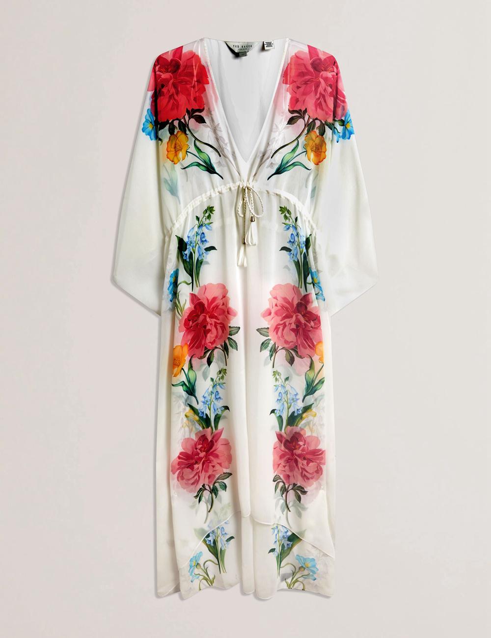 Cover Ups Ted Baker LUUSAA - Floral V-Neck Maxi Kaftan Beach Dress Femme Blanche | Paris  18032-GCQM