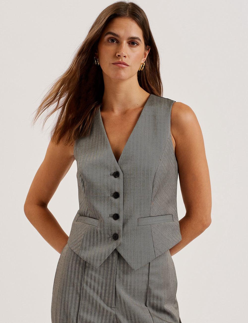Gilet De Costume Ted Baker KOAW - Herringbone Single Breasted Femme Grise | Paris  01894-FZMP