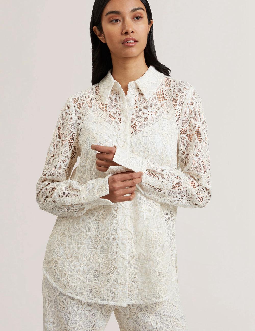 Hauts Ted Baker BLOND - Floral Lace Longline Cotton Shirt Femme Ivory | Paris  34021-CHQB