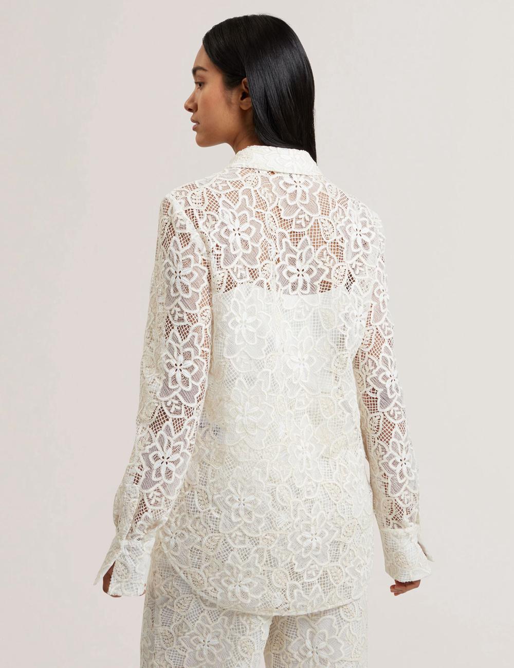 Hauts Ted Baker BLOND - Floral Lace Longline Cotton Shirt Femme Ivory | Paris  34021-CHQB
