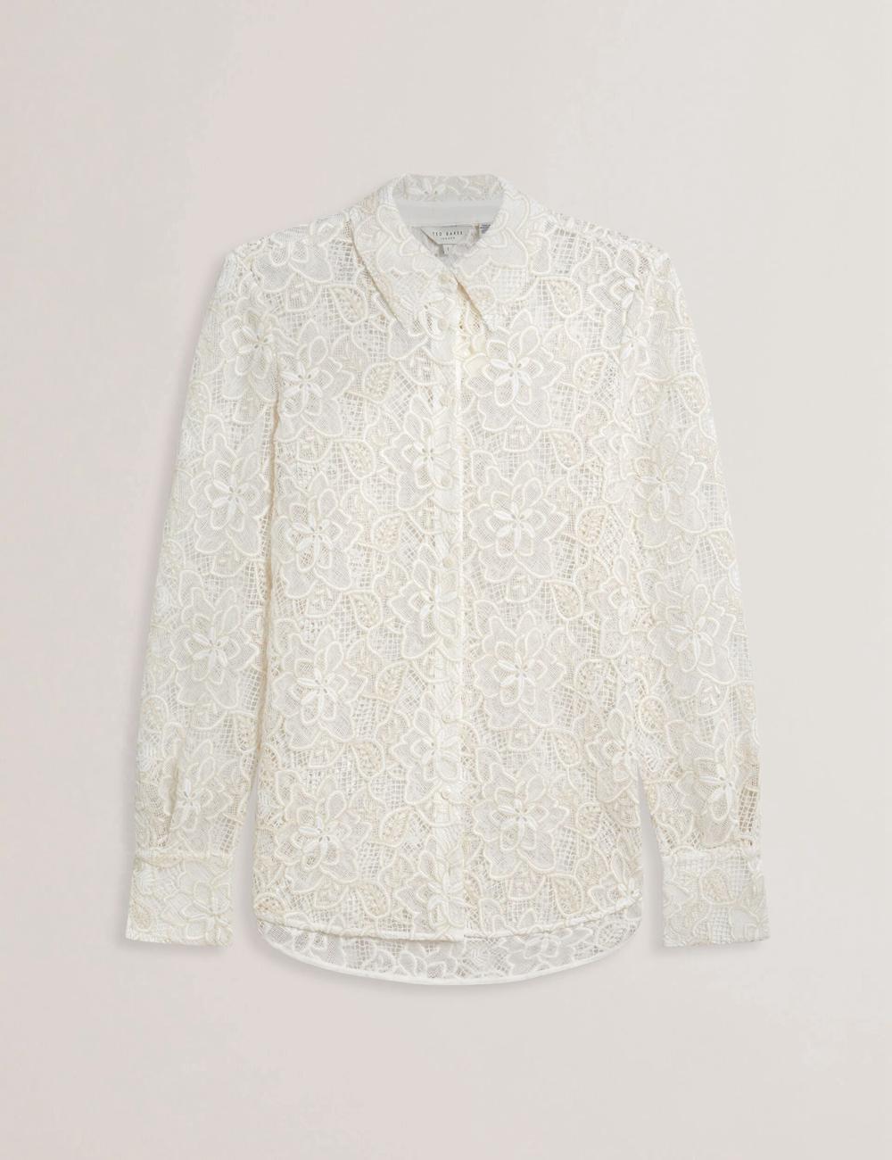 Hauts Ted Baker BLOND - Floral Lace Longline Cotton Shirt Femme Ivory | Paris  34021-CHQB