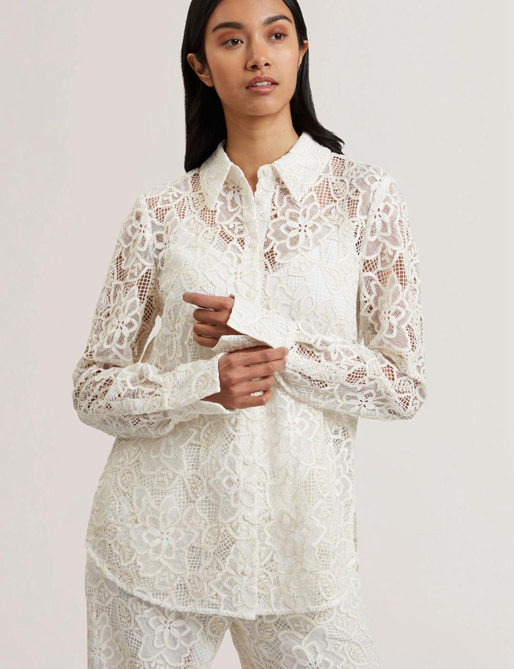 Hauts Ted Baker BLOND - Floral Lace Longline Cotton Shirt Femme Ivory | Paris  34021-CHQB