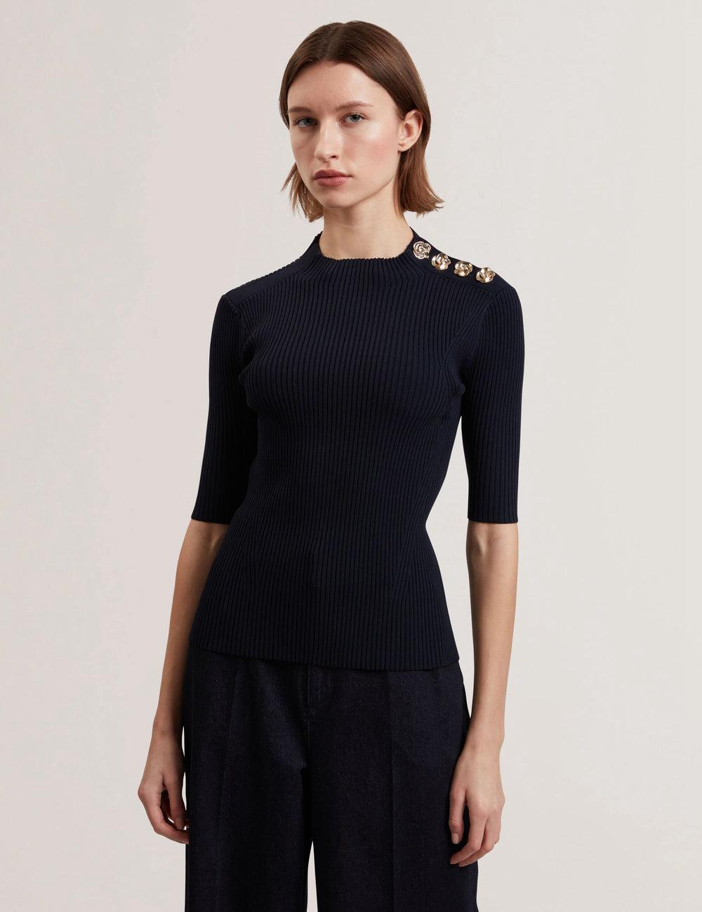 Hauts Ted Baker EELIIA - Ribbed Knit Short Sleeve With Rose Buttons Femme Bleu Marine | Paris  84752-JNER