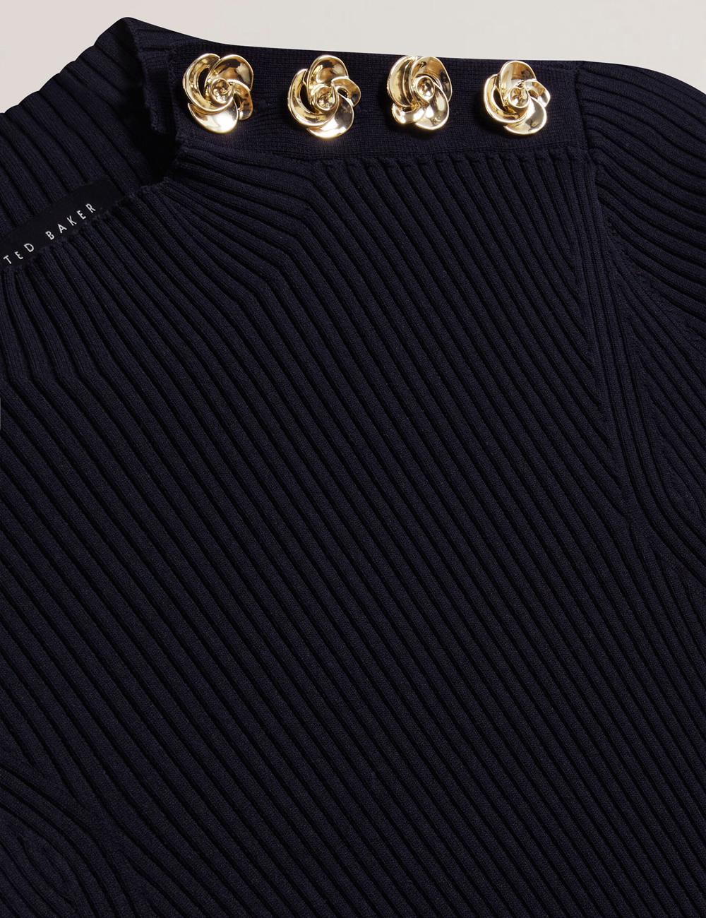 Hauts Ted Baker EELIIA - Ribbed Knit Short Sleeve With Rose Buttons Femme Bleu Marine | Paris  84752-JNER