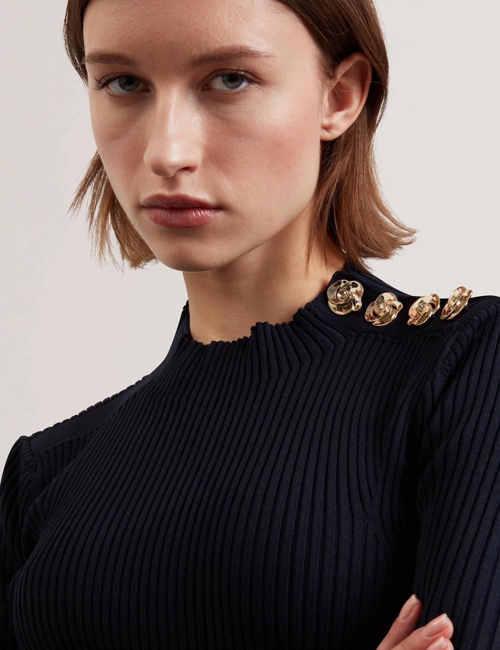 Hauts Ted Baker EELIIA - Ribbed Knit Short Sleeve With Rose Buttons Femme Bleu Marine | Paris  84752-JNER