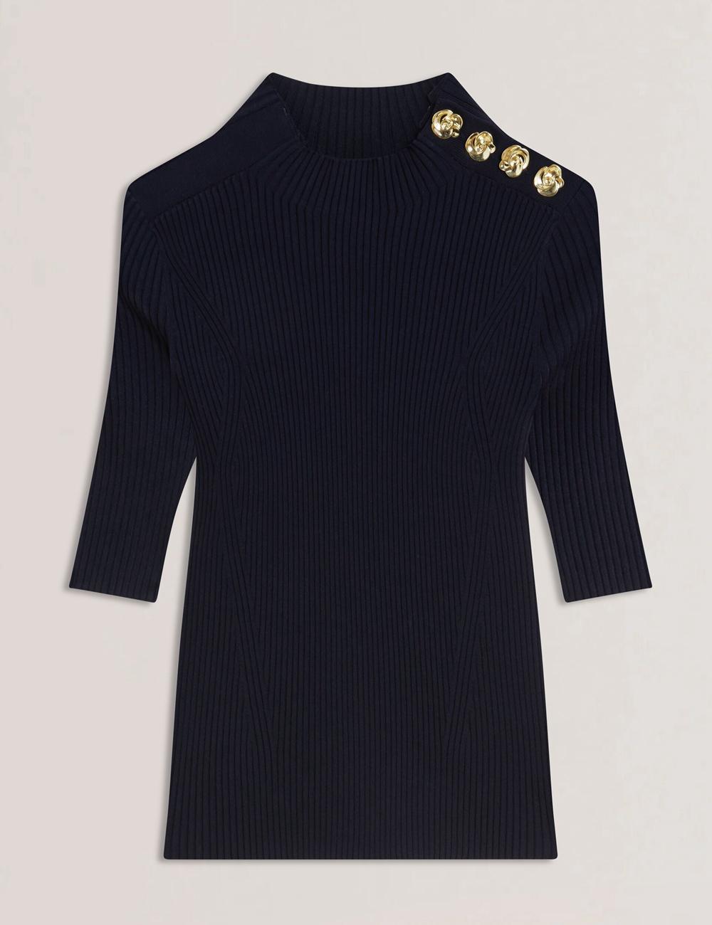 Hauts Ted Baker EELIIA - Ribbed Knit Short Sleeve With Rose Buttons Femme Bleu Marine | Paris  84752-JNER