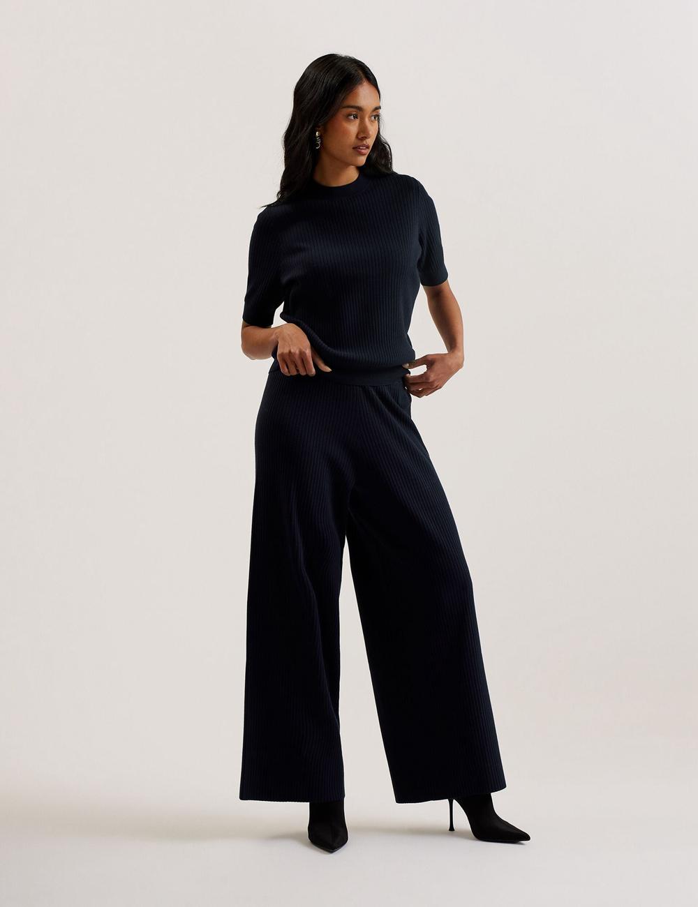 Hauts Ted Baker ELLIHAA - Ribbed Knit Half Sleeve Femme Bleu Marine | Paris  64391-WZKY