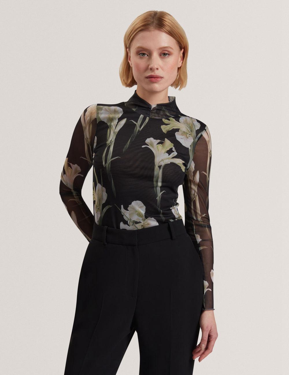 Hauts Ted Baker FIAAHH - Floral Print High Neck Sheer Mesh Femme Noir | Paris  48251-HATB