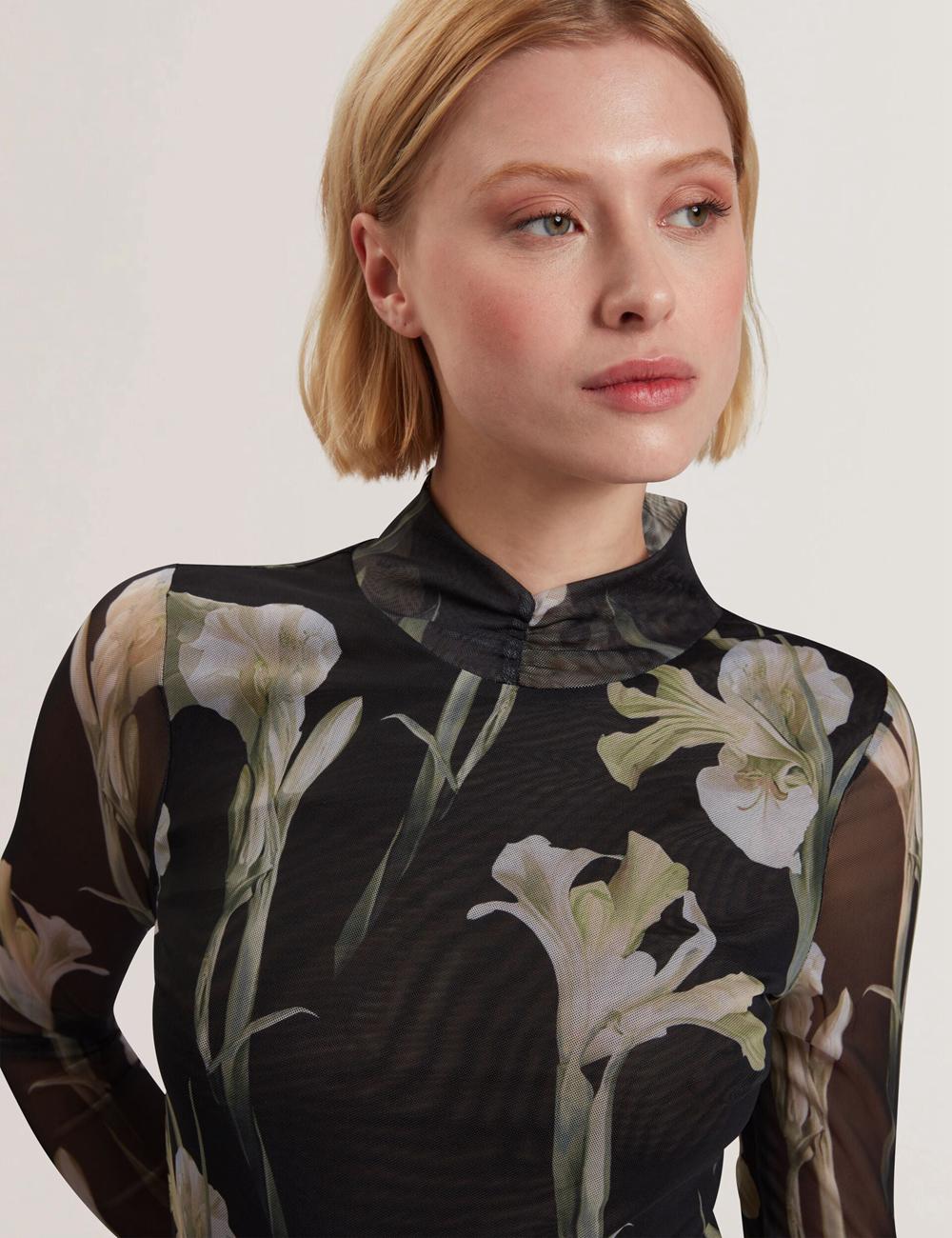 Hauts Ted Baker FIAAHH - Floral Print High Neck Sheer Mesh Femme Noir | Paris  48251-HATB