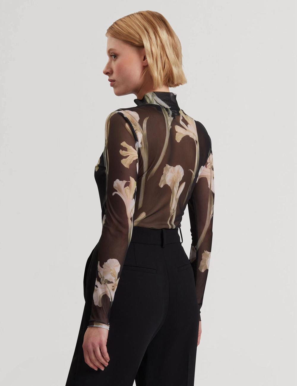 Hauts Ted Baker FIAAHH - Floral Print High Neck Sheer Mesh Femme Noir | Paris  48251-HATB