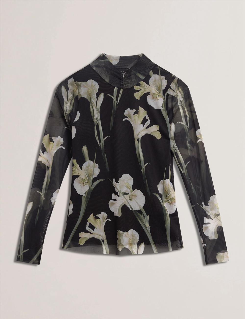 Hauts Ted Baker FIAAHH - Floral Print High Neck Sheer Mesh Femme Noir | Paris  48251-HATB