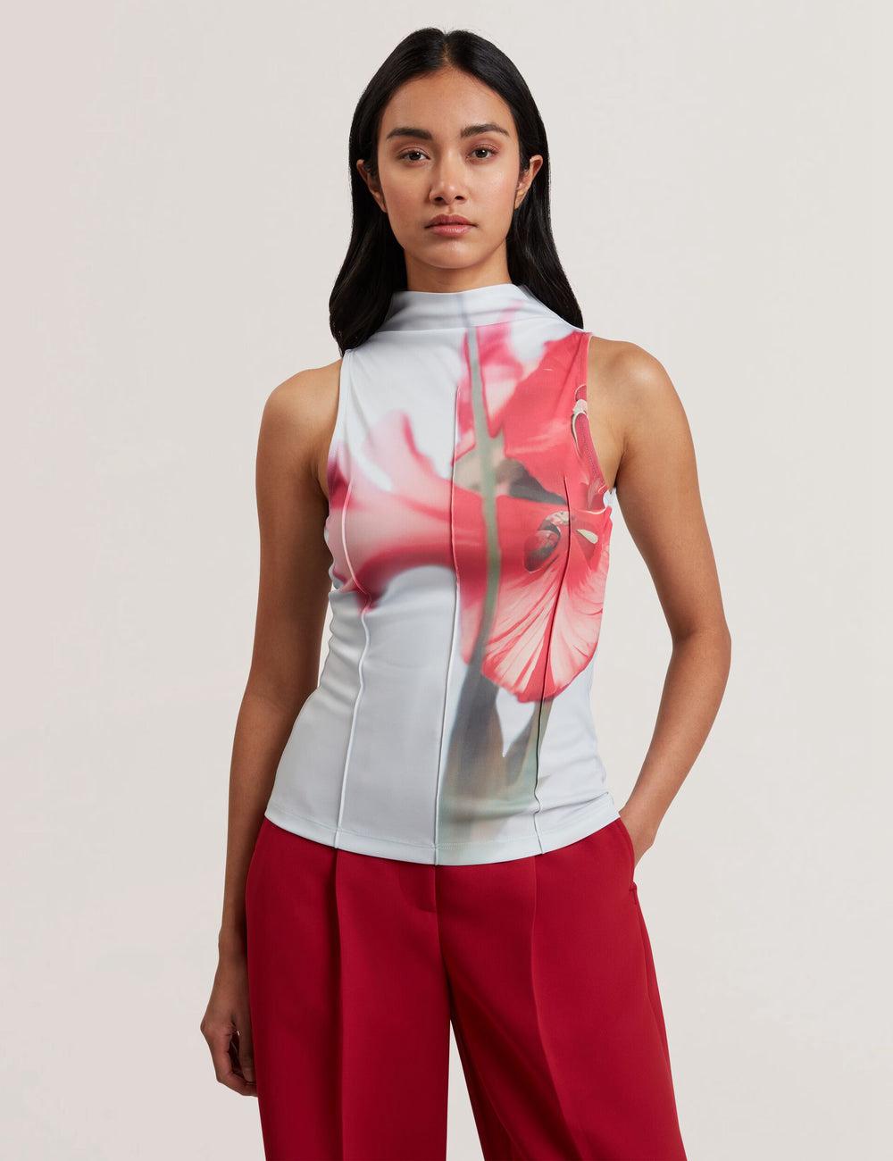 Hauts Ted Baker HARPLNN - Floral High Neck Jersey Femme Bleu | Paris  35801-MSRY