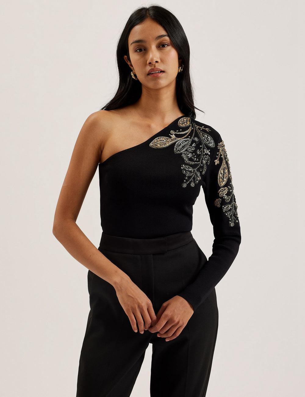 Hauts Ted Baker HEATHRR - One Shoulder Embellished Detail Femme Noir | Paris  72894-WFEZ