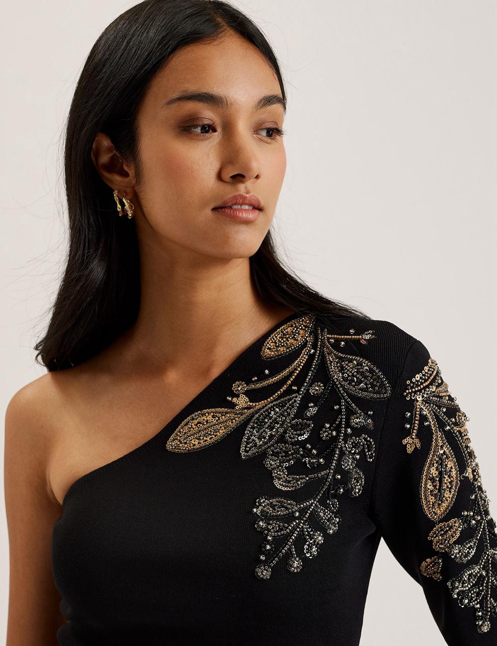Hauts Ted Baker HEATHRR - One Shoulder Embellished Detail Femme Noir | Paris  72894-WFEZ