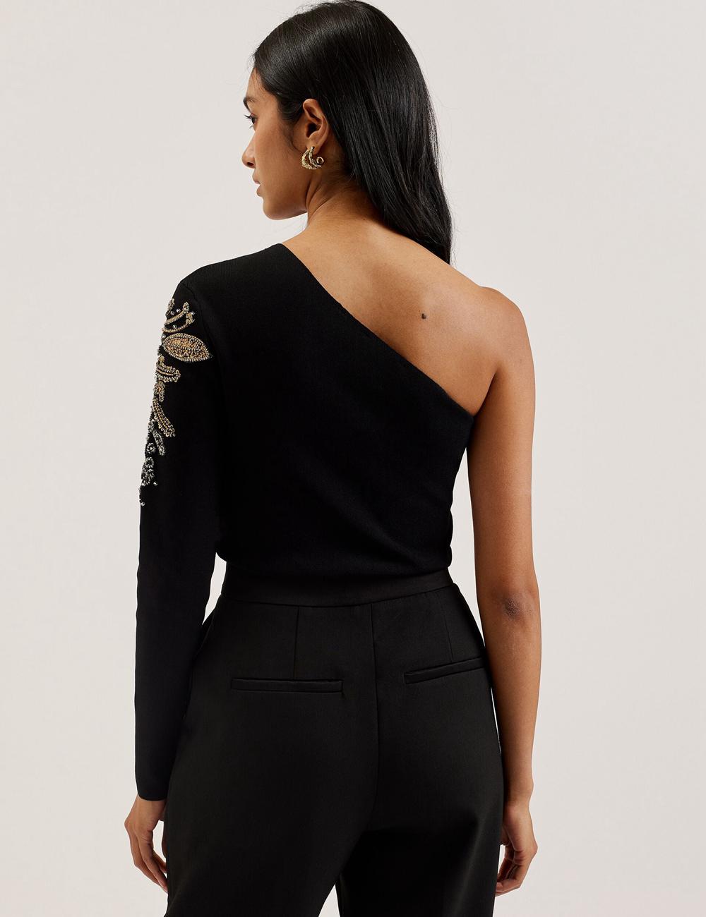 Hauts Ted Baker HEATHRR - One Shoulder Embellished Detail Femme Noir | Paris  72894-WFEZ