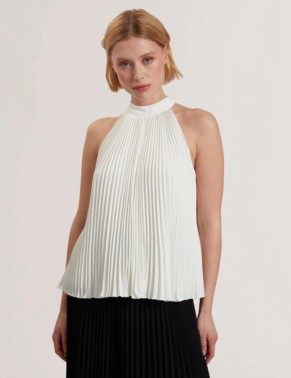 Hauts Ted Baker JAMAYA - High Halter Neck Pleated Sleeveless Femme Ivory | Paris  51078-LHOW