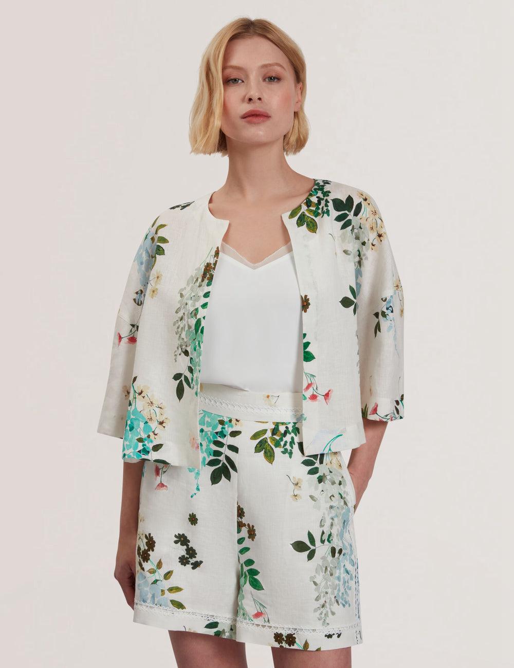 Hauts Ted Baker KALNA - Printed Linen Short Sleeve Cropped Shirt Femme Blanche | Paris  61287-UNVY