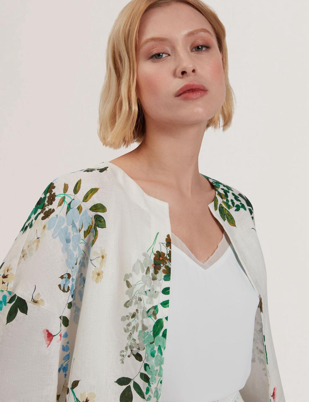 Hauts Ted Baker KALNA - Printed Linen Short Sleeve Cropped Shirt Femme Blanche | Paris  61287-UNVY