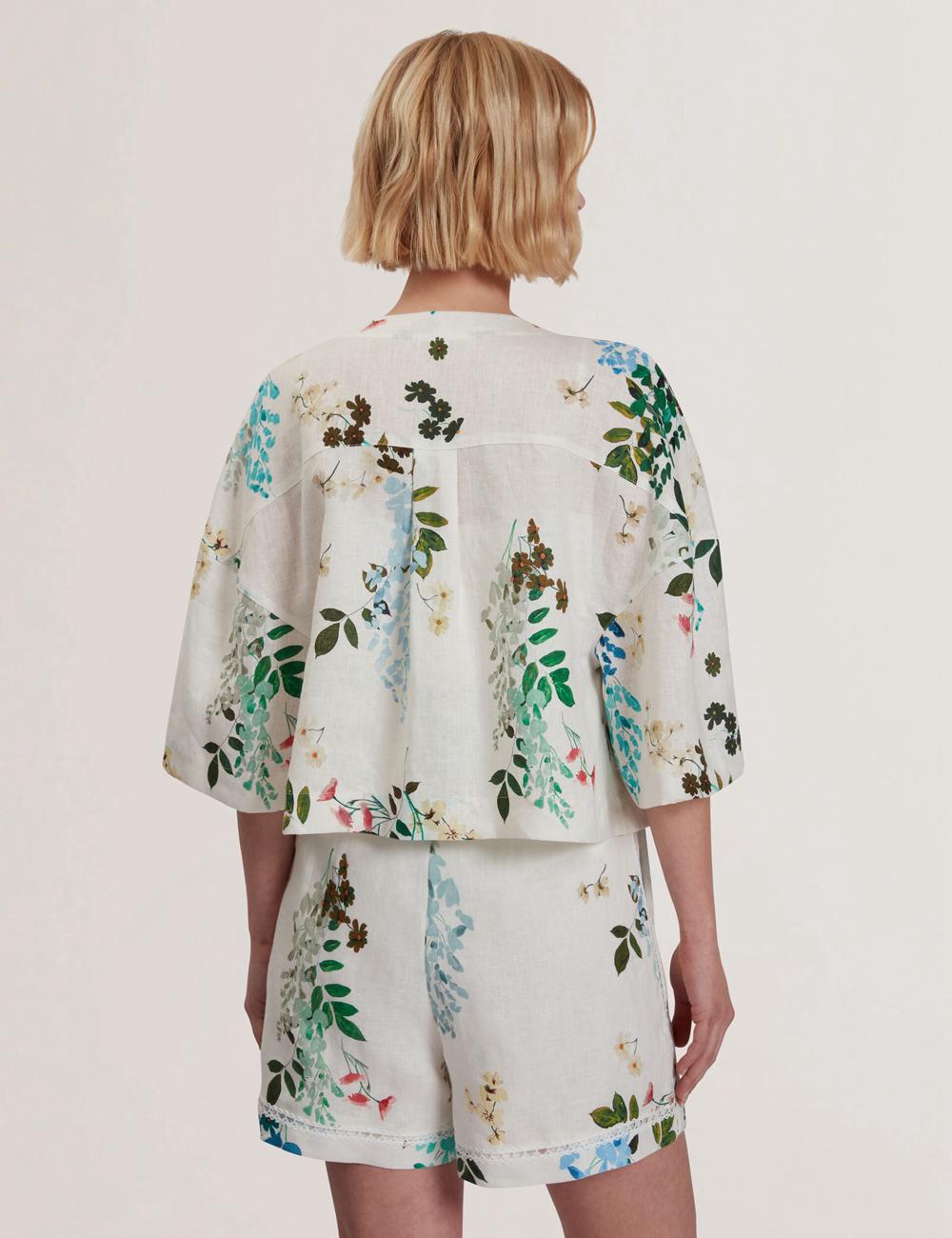 Hauts Ted Baker KALNA - Printed Linen Short Sleeve Cropped Shirt Femme Blanche | Paris  61287-UNVY