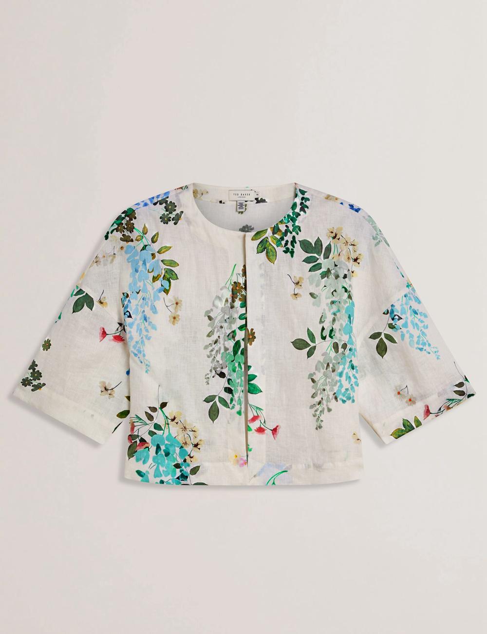 Hauts Ted Baker KALNA - Printed Linen Short Sleeve Cropped Shirt Femme Blanche | Paris  61287-UNVY