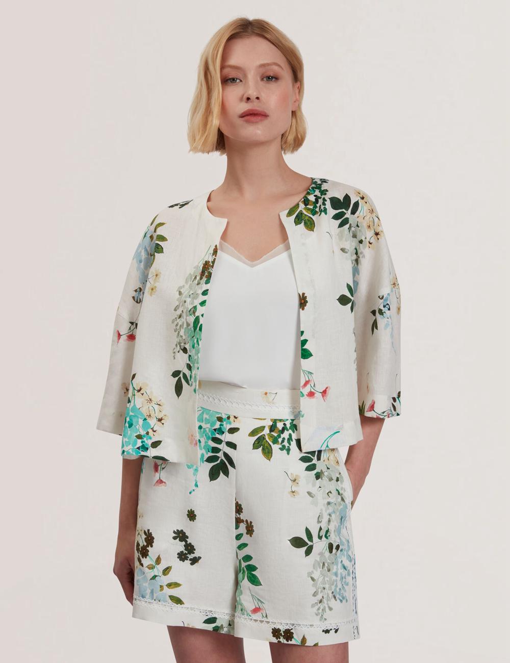 Hauts Ted Baker KALNA - Printed Linen Short Sleeve Cropped Shirt Femme Blanche | Paris  61287-UNVY