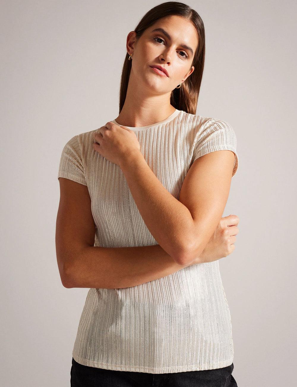 Hauts Ted Baker KATRINO - Metallic Short Sleeve Crew Neck Femme Doré | Paris  82159-LGRH