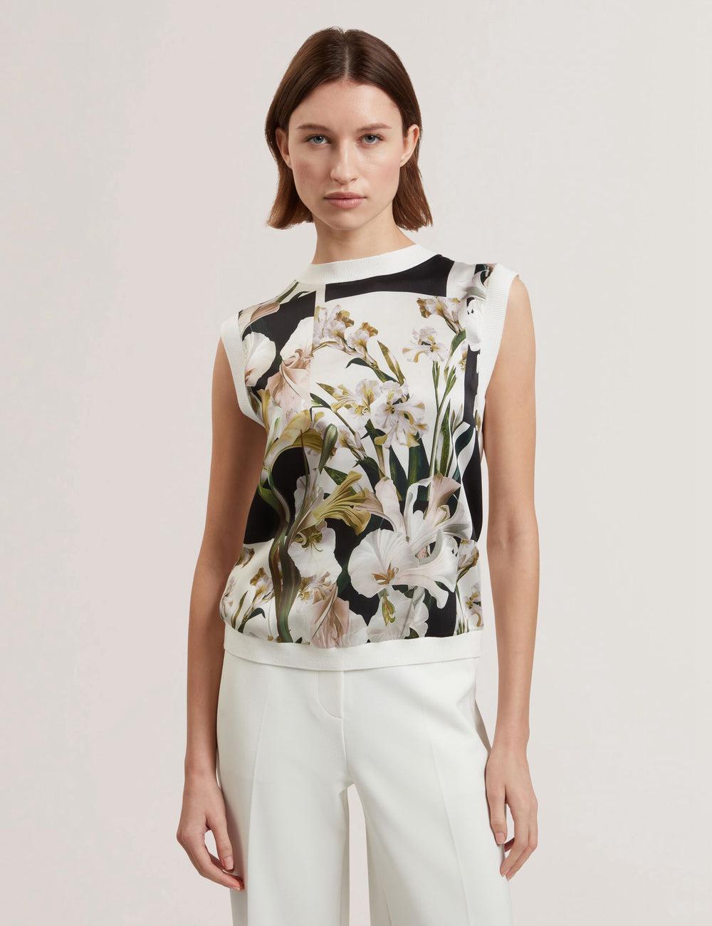 Hauts Ted Baker LIILEA - Floral Print Front Boxy Knitted Femme Ivory | Paris  62584-RCVY