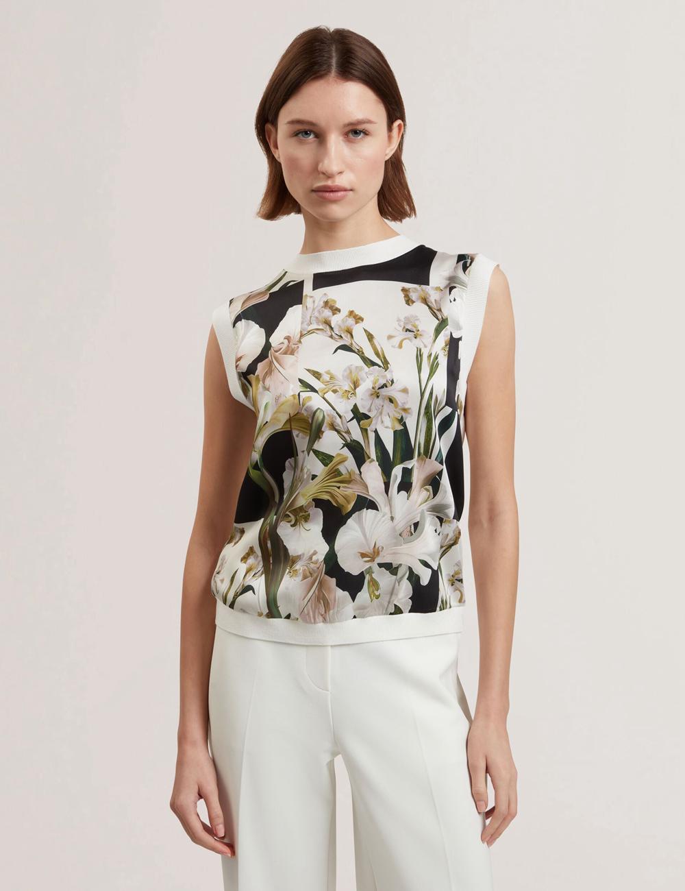 Hauts Ted Baker LIILEA - Floral Print Front Boxy Knitted Femme Ivory | Paris  62584-RCVY