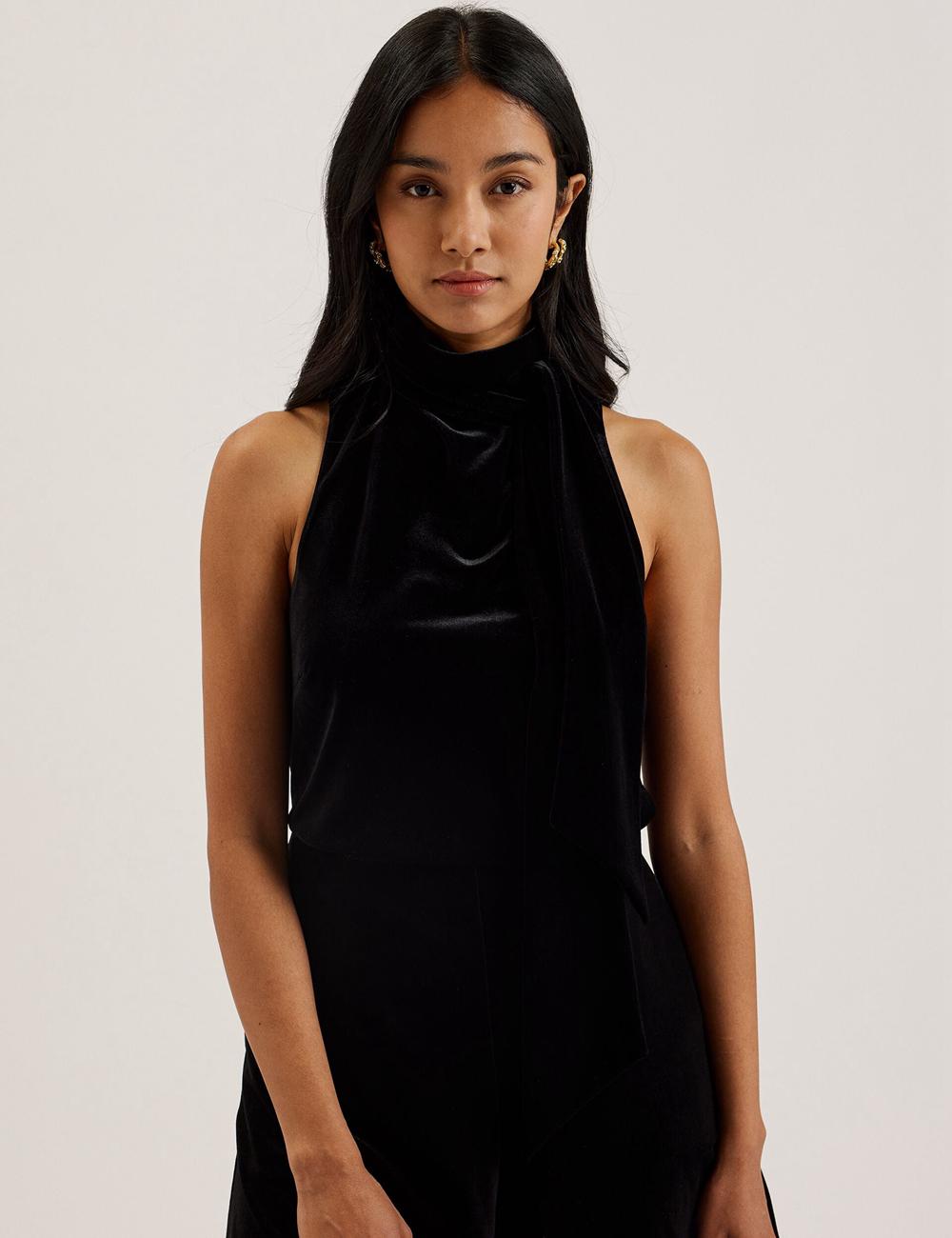 Hauts Ted Baker NALIAS - Velvet High Cowl Neck Sleeveless Femme Noir | Paris  76980-ZHMW